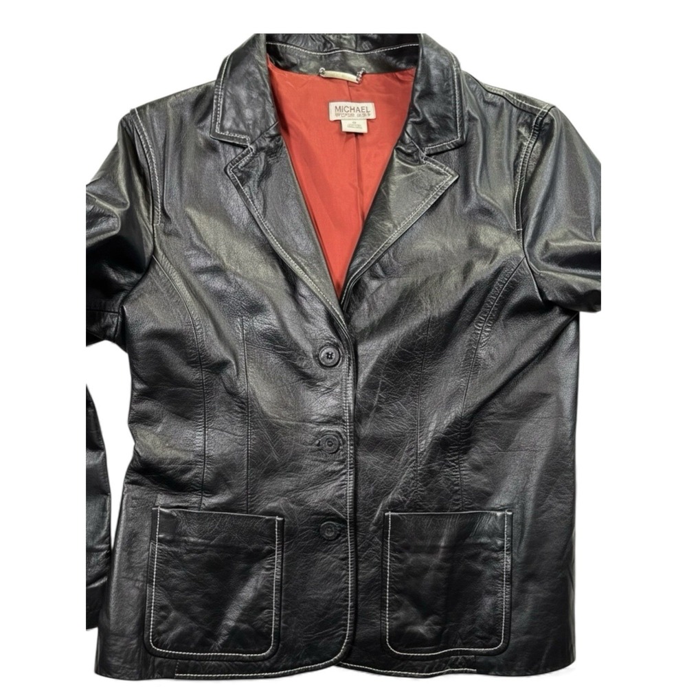 Michael Kors Black leather blazer jacket, contrast stitching, Women's 14 Lined